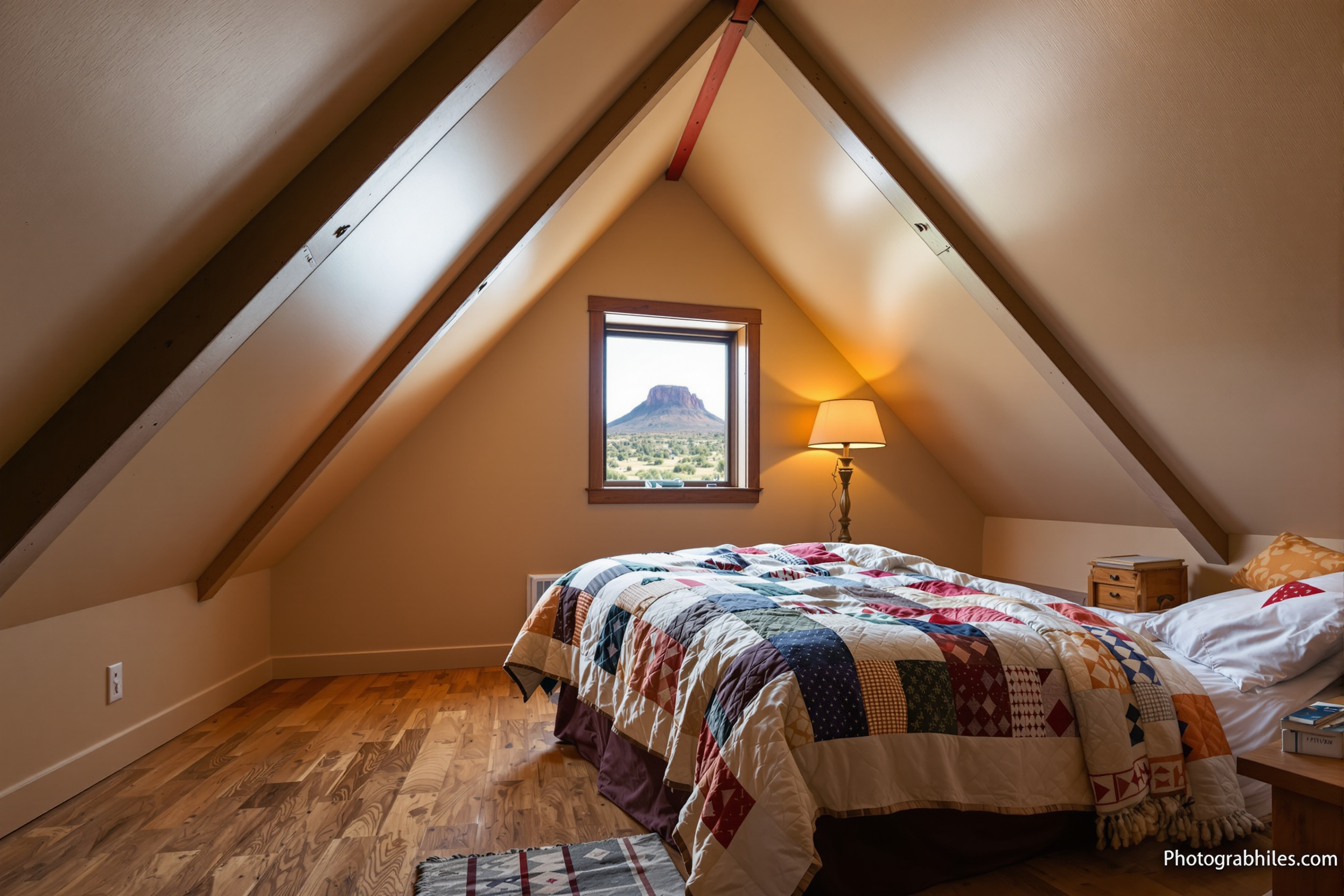 Queen bed beneath sloped ceilings in the East Gable room of the Tarabino Inn