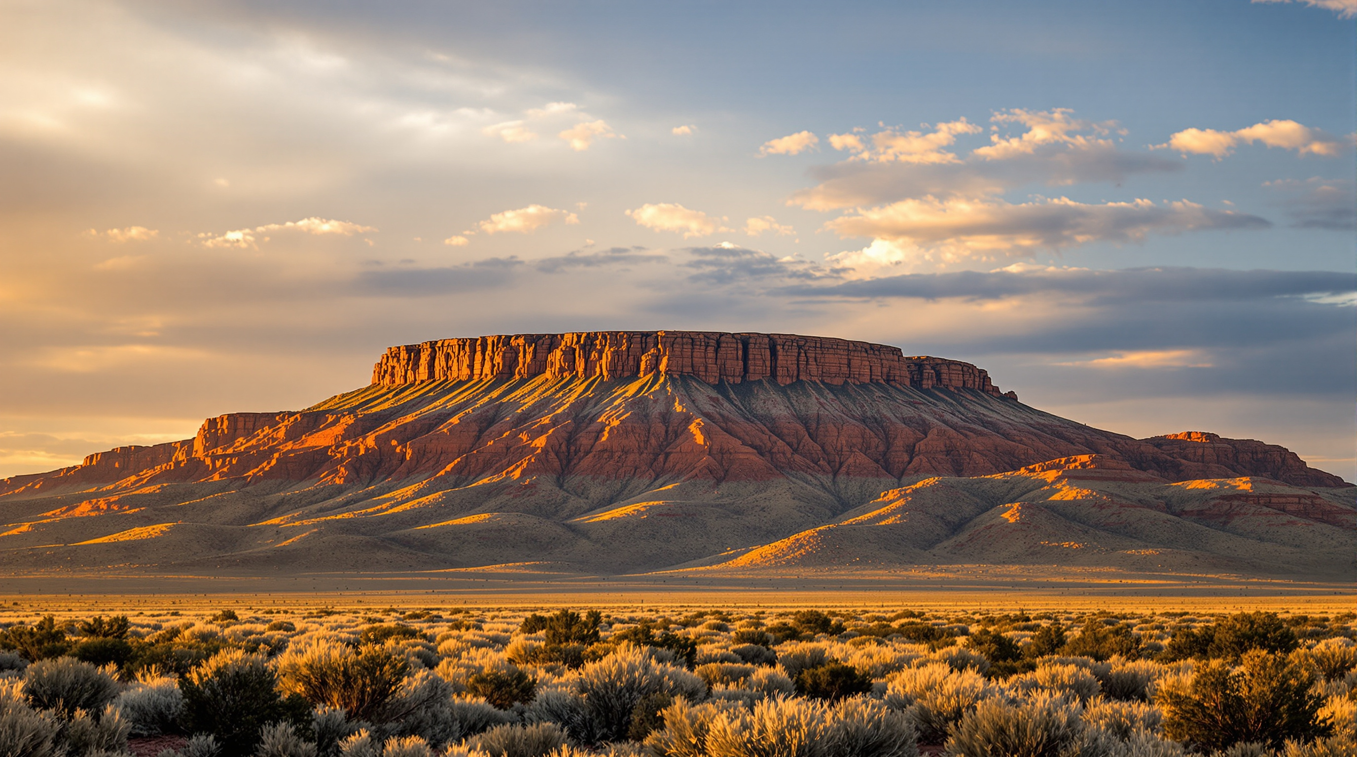 Fisher's Peak rising above the pinon foothills outside Trinidad, Colorado at golden hour