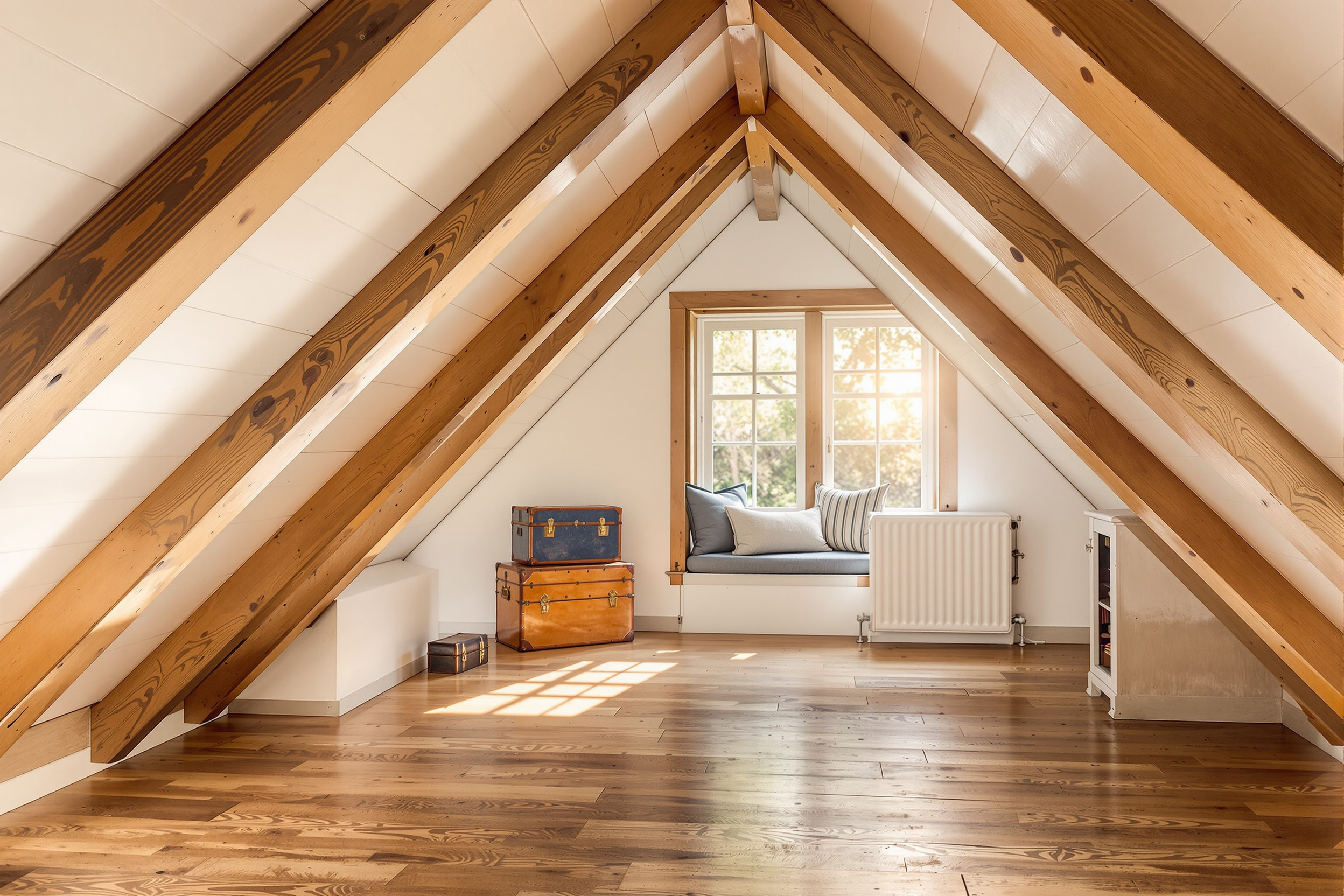 Attic interior with steep gable framing and a bright dormer window in the 1907 Tarabino house