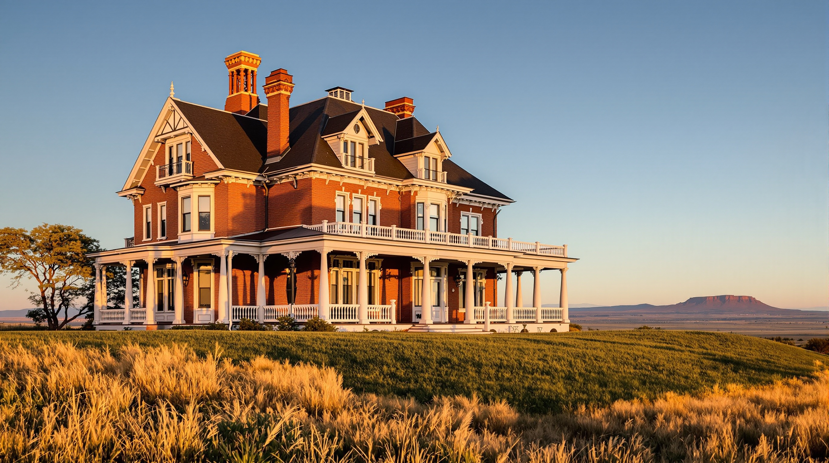 The 1907 Italianate-Victorian brick mansion known as the Tarabino Inn on its knoll in Trinidad, Colorado