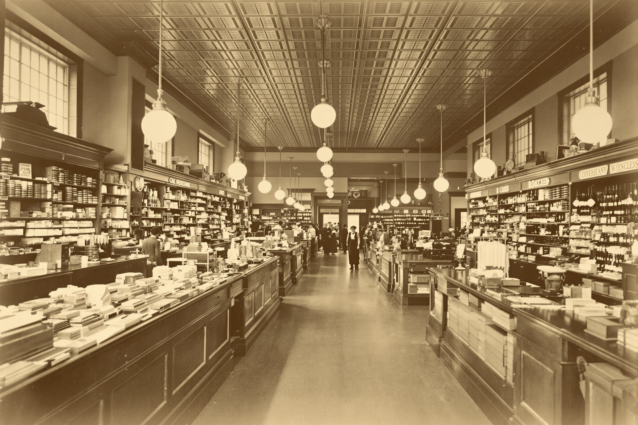 Sepia-toned interior of an early 1900s department store with long wooden counters and dry goods shelves