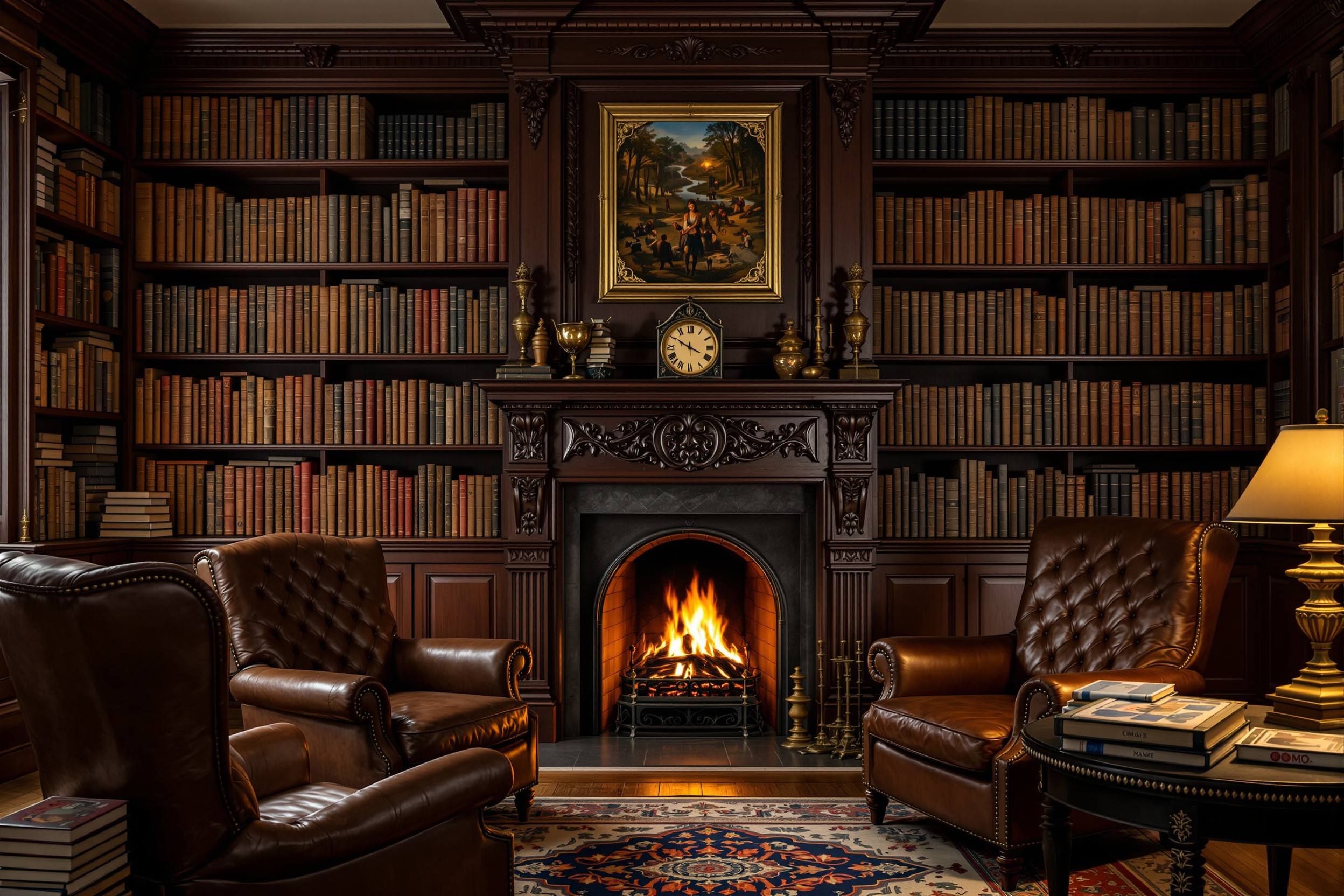 The inn's library with fireplace, full bookshelves, and leather reading chairs