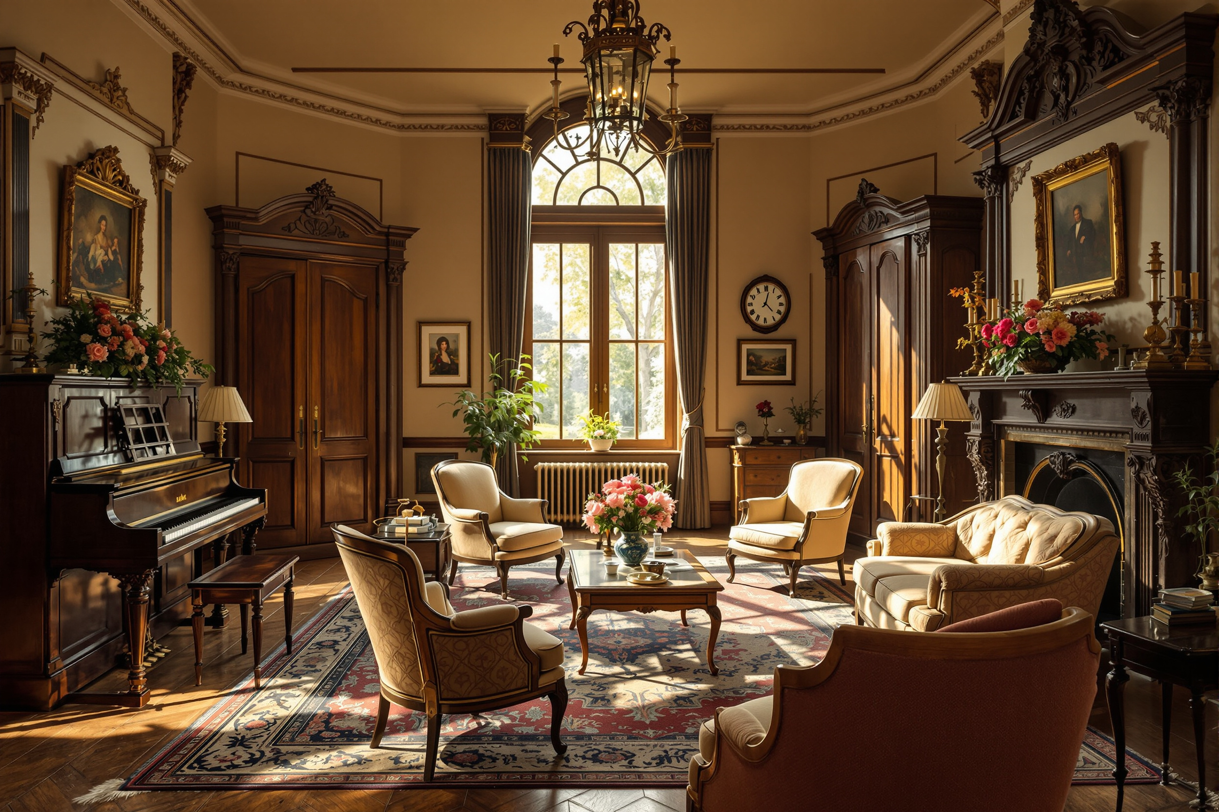 The inn’s parlor arranged for a gathering, with grouped antique seating and ornate woodwork