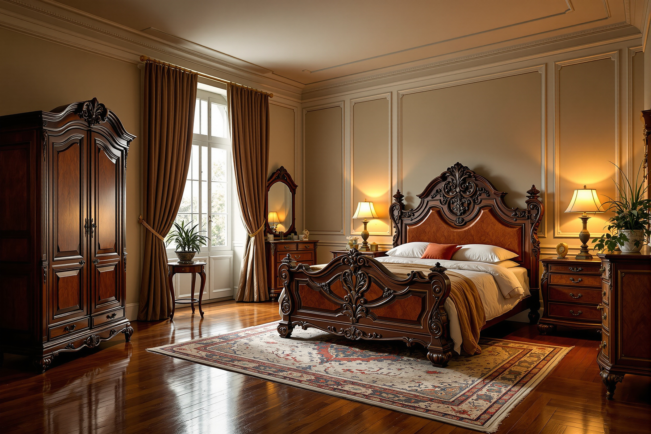 The Walnut Suite with its carved dark walnut king bed and antique furnishings